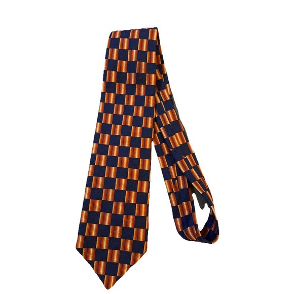 Ermenegildo Zenga Men’s Navy Orange Geometric Squares 100% Silk 4” Italian EUC - Picture 2 of 7